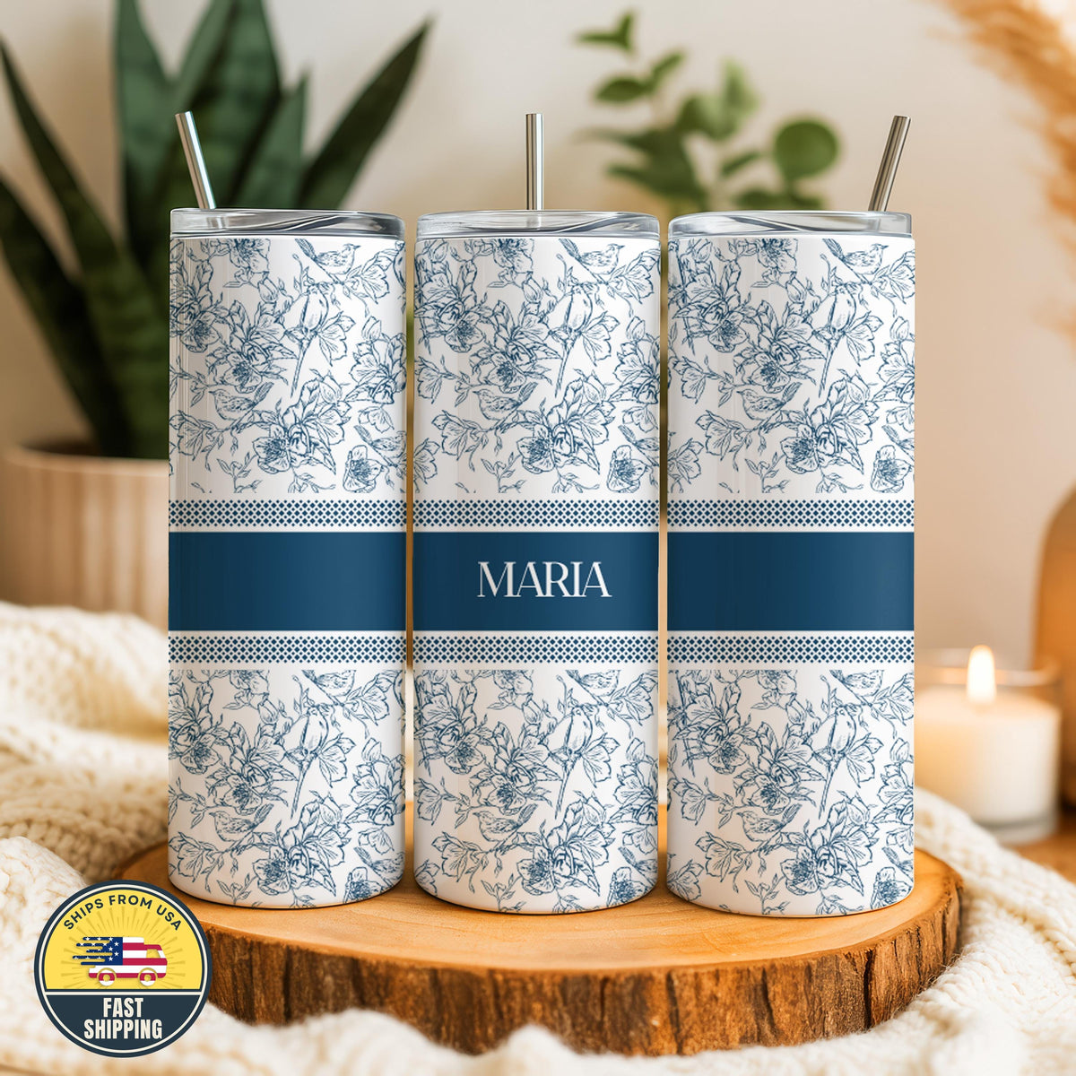 Personalized Blue Floral Tumbler, Blue Floral Name Coffee Cup, Floral Gifts for Her