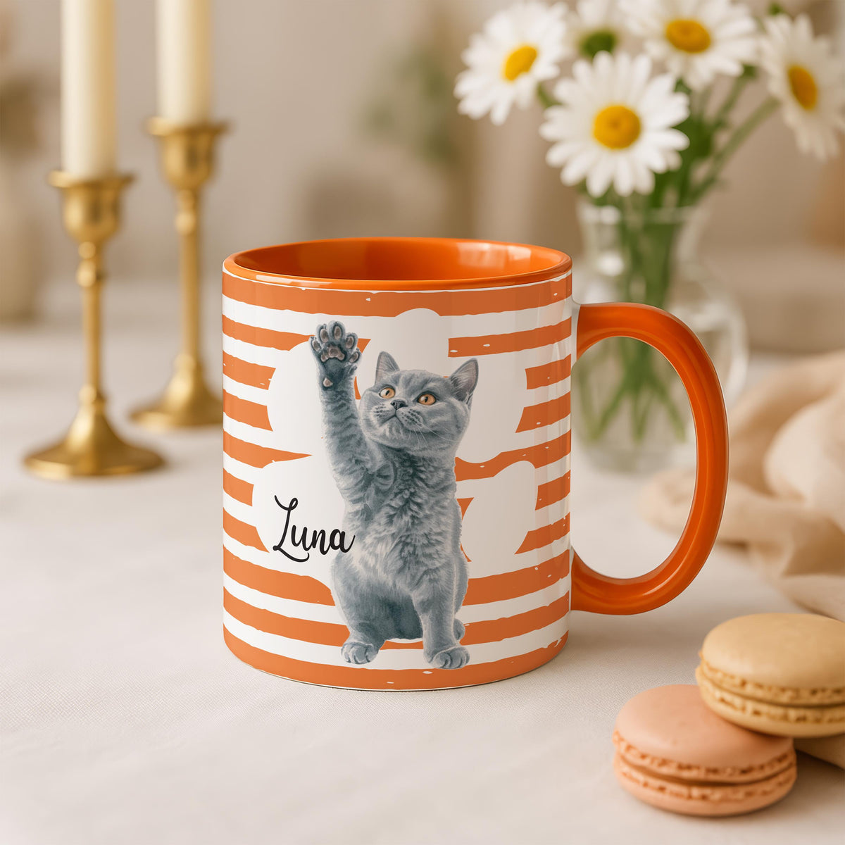 Custom Dog Photo Mug with Name, Personalized Pet Portrait Cup, Striped Designs Pets Mugs, Cat Mom Gift, Memorial Present Cups