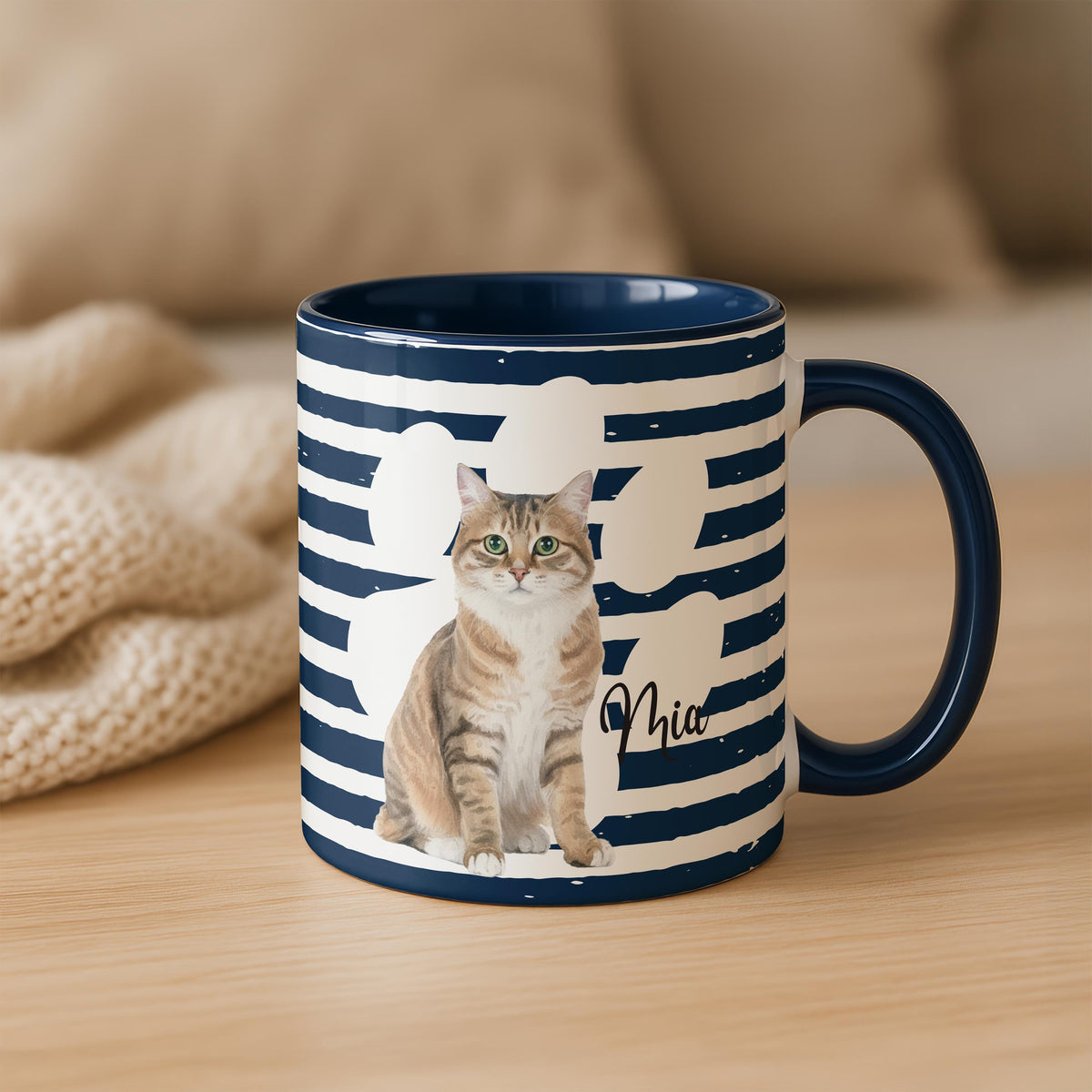 Custom Dog Photo Mug with Name, Personalized Pet Portrait Cup, Striped Designs Pets Mugs, Cat Mom Gift, Memorial Present Cups