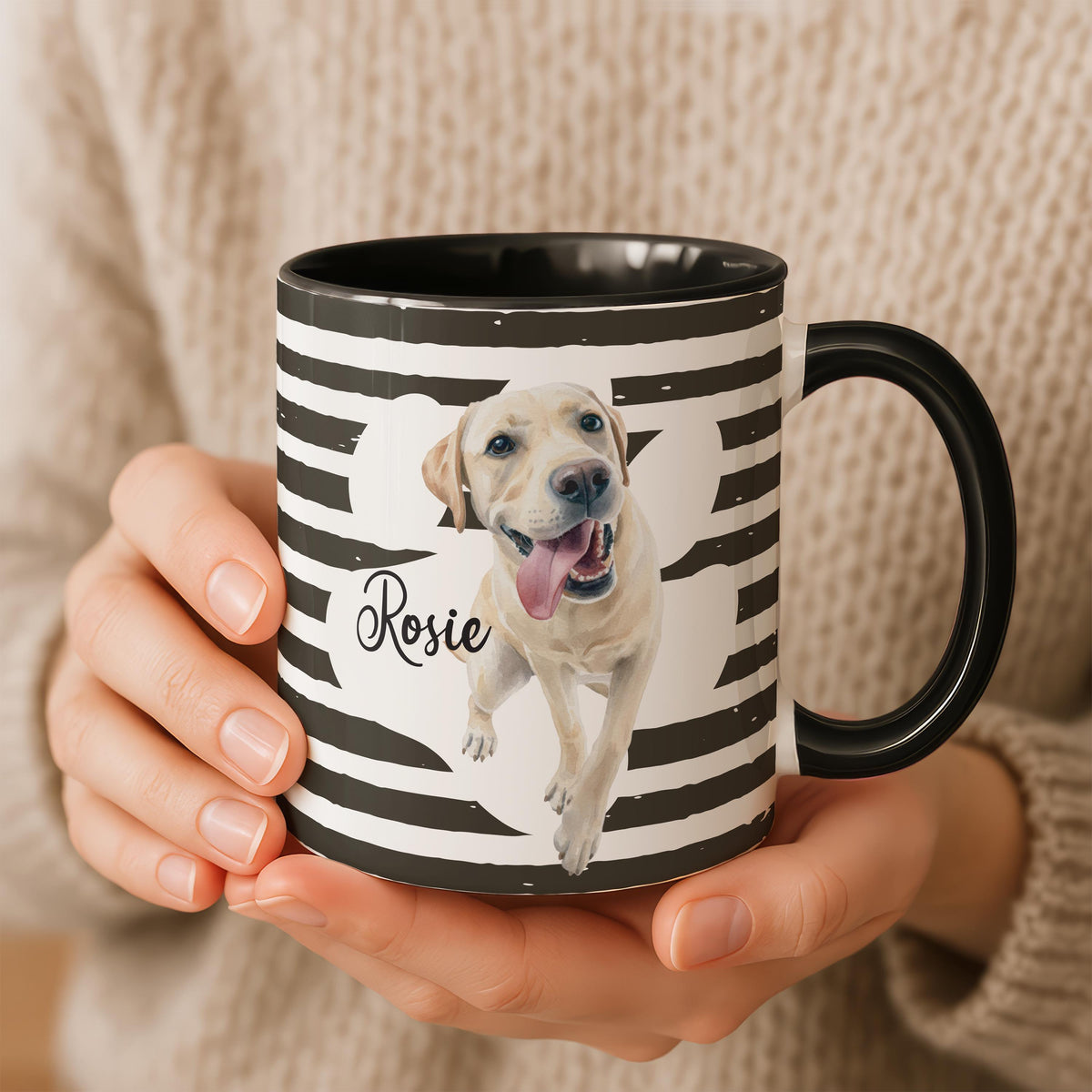 Custom Dog Photo Mug with Name, Personalized Pet Portrait Cup, Striped Designs Pets Mugs, Cat Mom Gift, Memorial Present Cups