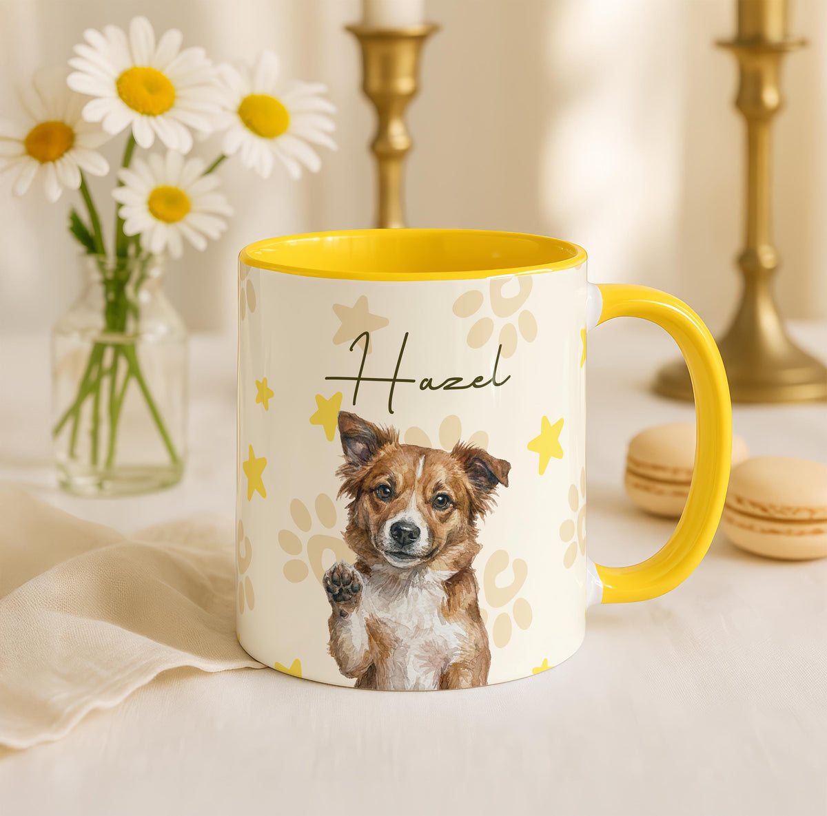 Personalized Watercolor Dog Portrait Mug, Custom Pet Photo Cup, Dogs Lover Gift, Paw Print Star Pattern Ceramic Cups, Puppy Owner Present