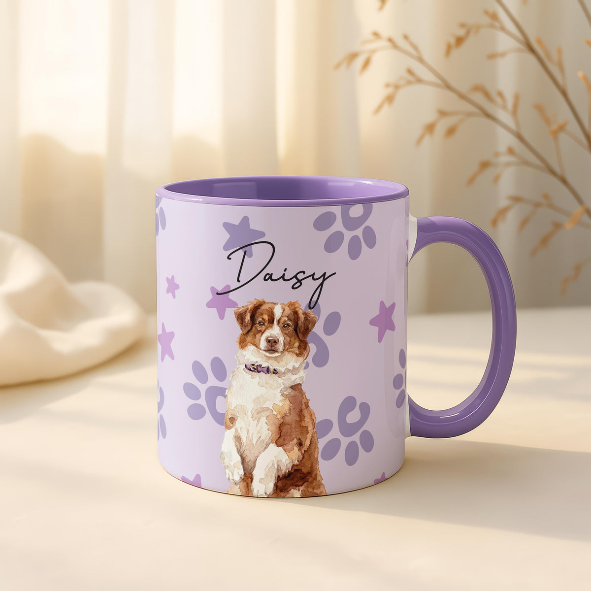 Personalized Watercolor Dog Portrait Mug, Custom Pet Photo Cup, Dogs Lover Gift, Paw Print Star Pattern Ceramic Cups, Puppy Owner Present