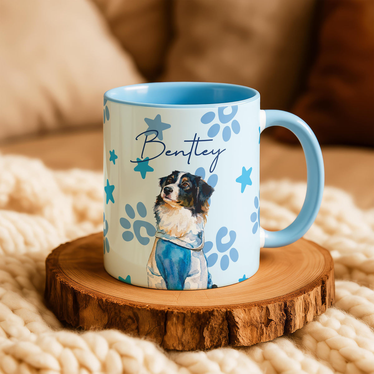 Personalized Watercolor Dog Portrait Mug, Custom Pet Photo Cup, Dogs Lover Gift, Paw Print Star Pattern Ceramic Cups, Puppy Owner Present