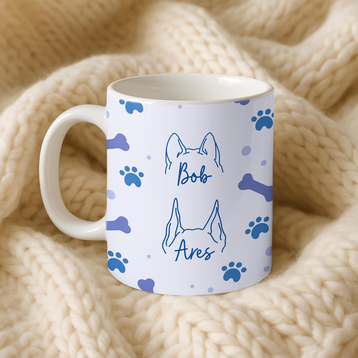 Custom Pet Name Mug, Dogs Split Face Coffee Cup, Dog & Cat Lover Ceramic Mug, Paw Print and Bone Pattern Tea Cup, Puppy Owner Present