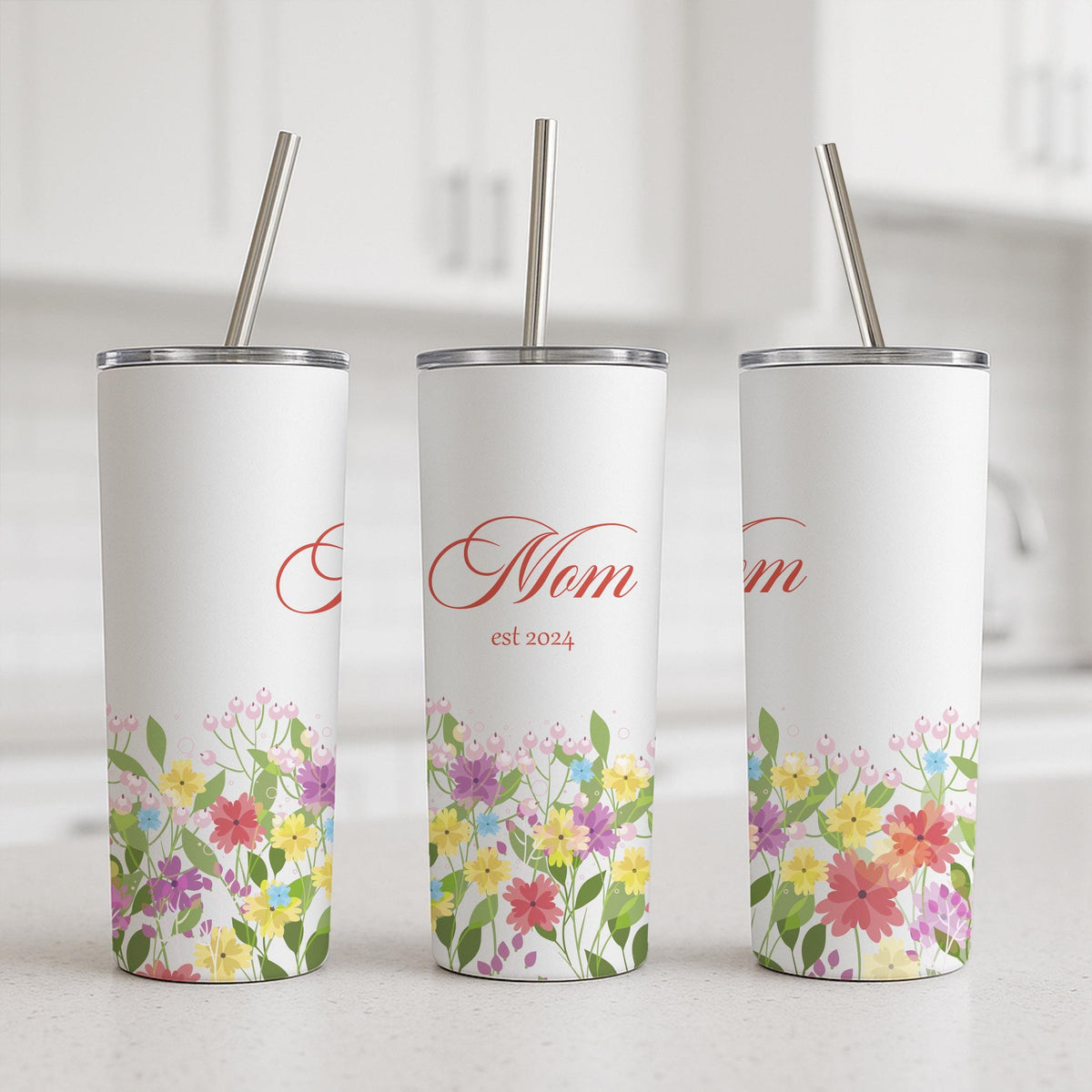 Personalized Floral Mom Est 2024 Tumbler, Stainless Steel Travel Mug