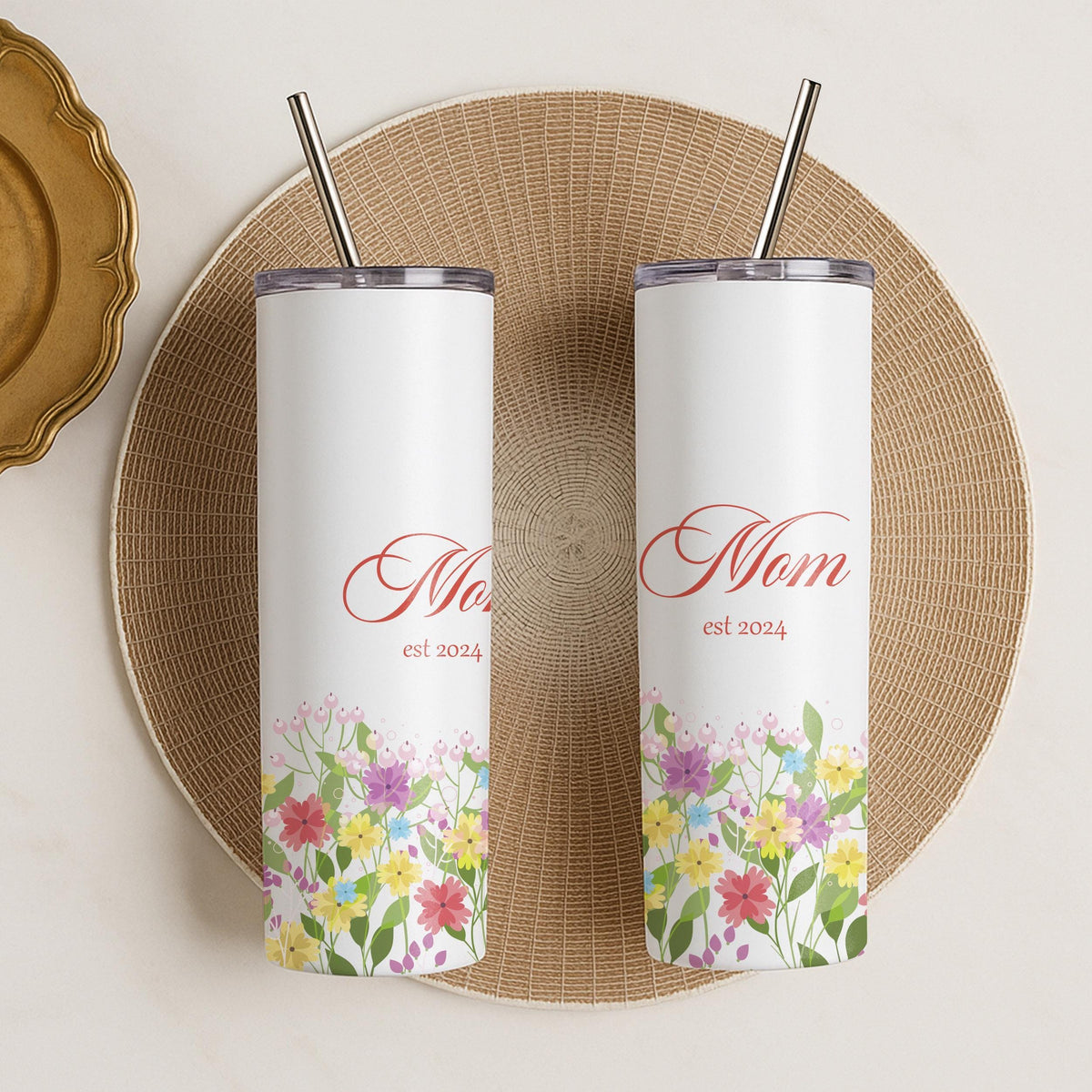 Personalized Floral Mom Est 2024 Tumbler, Stainless Steel Travel Mug