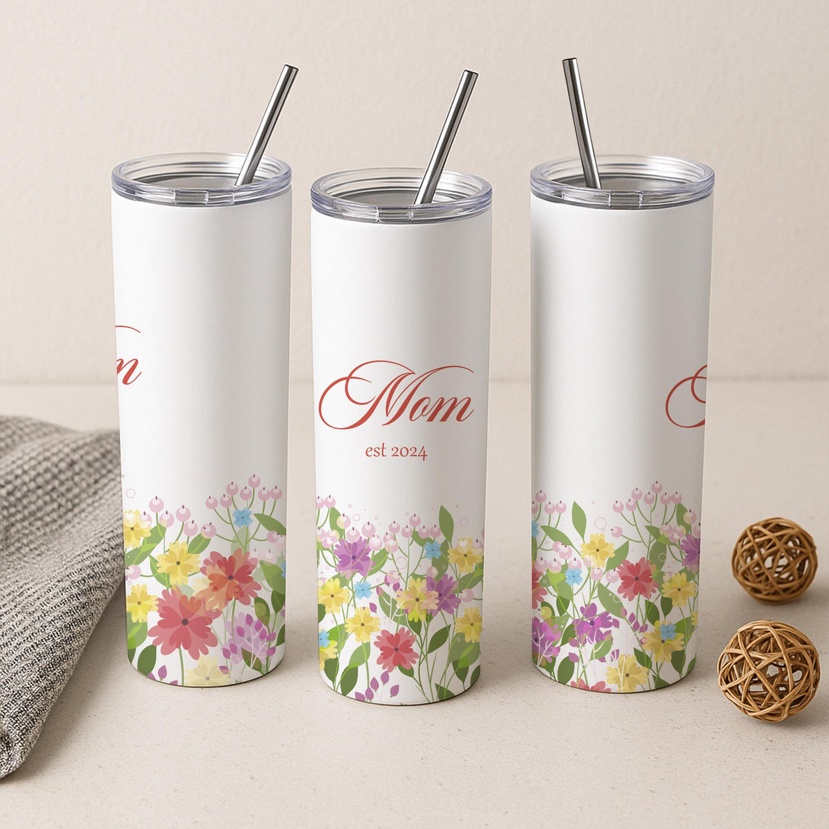Personalized Floral Mom Est 2024 Tumbler, Stainless Steel Travel Mug