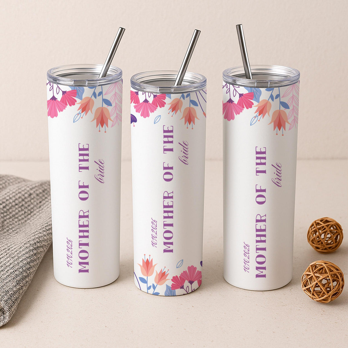 Personalized Floral Mother of the Bride Tumbler, Custom Wedding Date Travel Mug