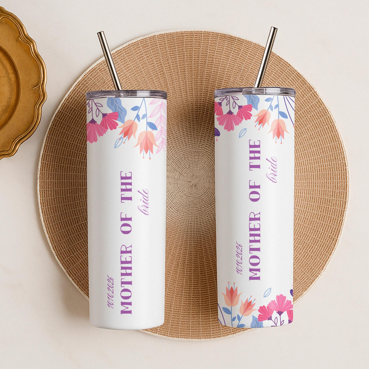 Personalized Floral Mother of the Bride Tumbler, Custom Wedding Date Travel Mug
