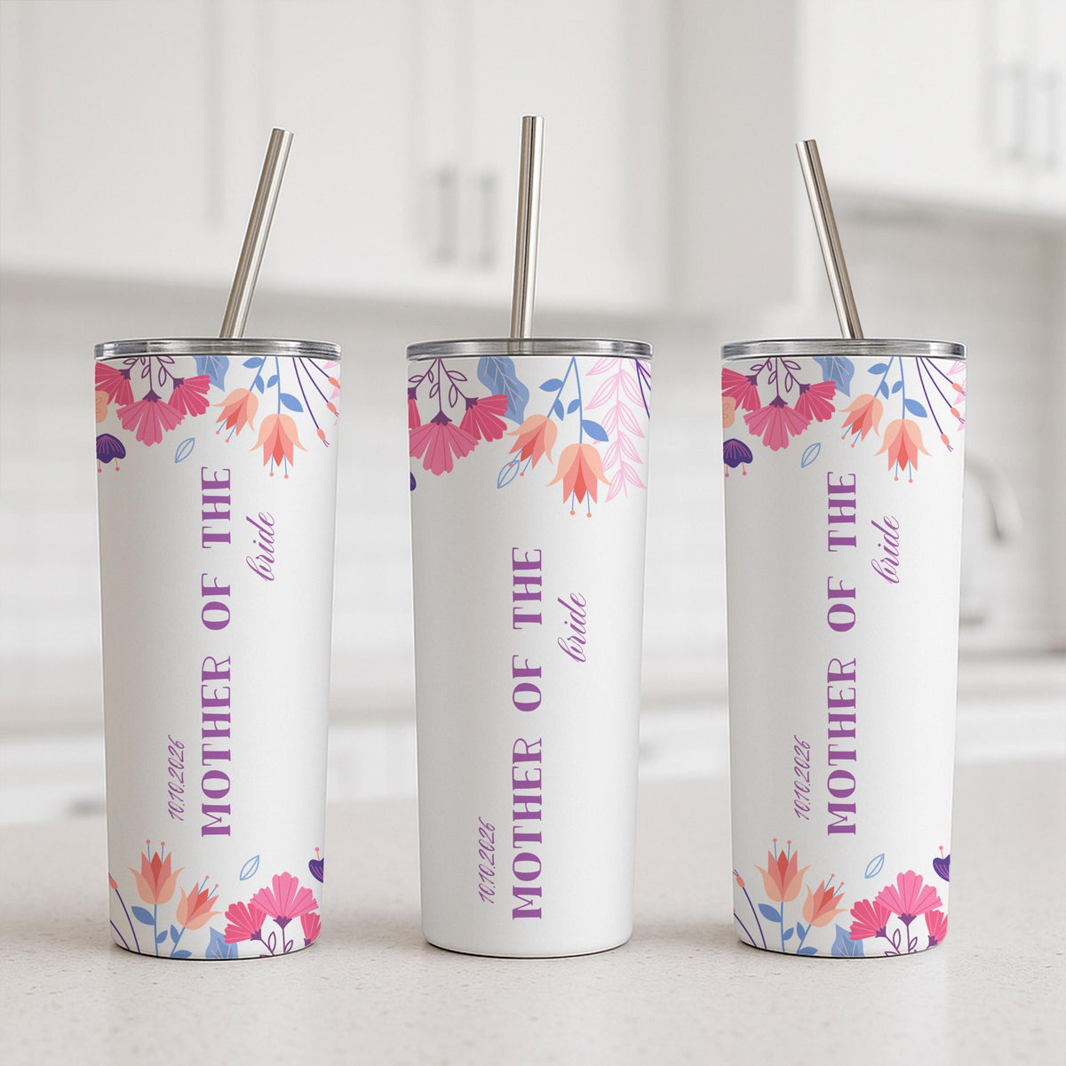 Personalized Floral Mother of the Bride Tumbler, Custom Wedding Date Travel Mug