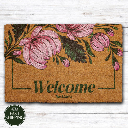 Custom Family Last Name Doormat, Botanical Aesthetic Welcome Mat