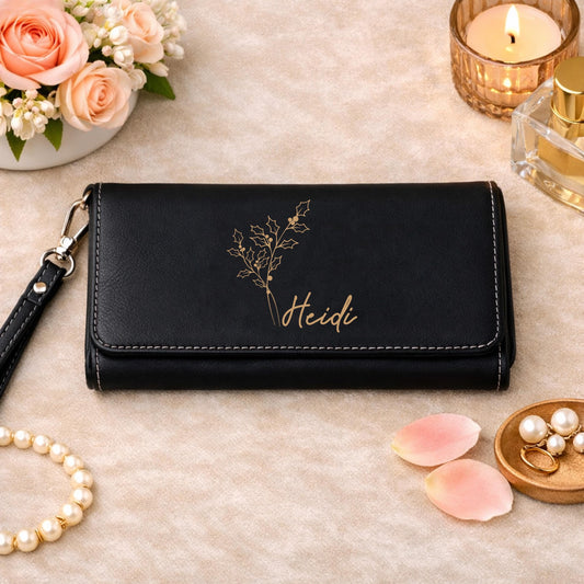 Personalized Birth Flower Vegan Leather Clutch, Engraved Name Wallet