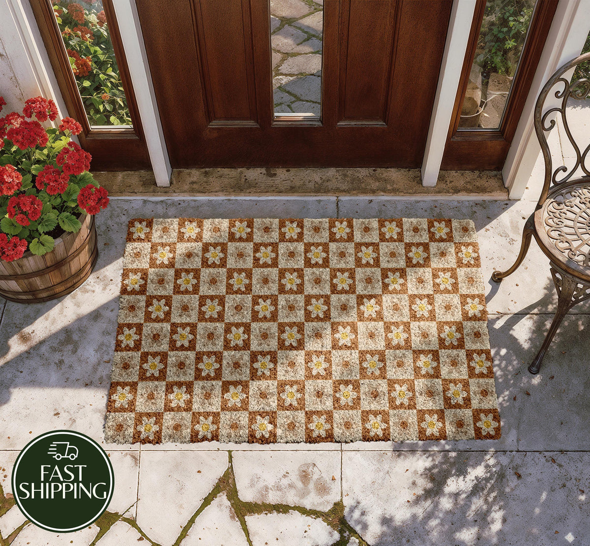 Retro Checkered Daisy Doormat, Floral Brown and Cream Welcome Mat