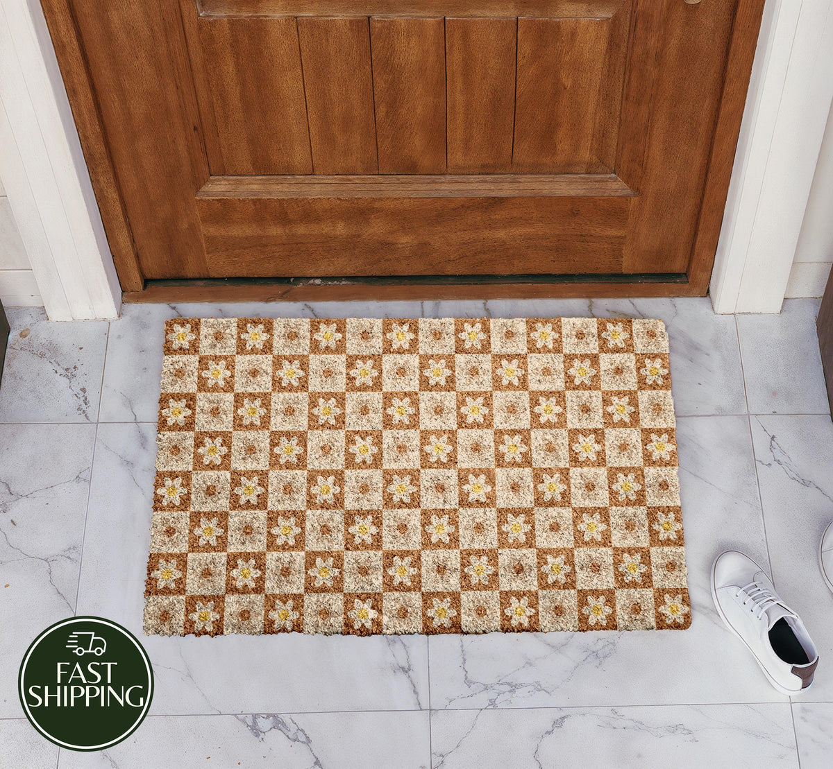 Retro Checkered Daisy Doormat, Floral Brown and Cream Welcome Mat