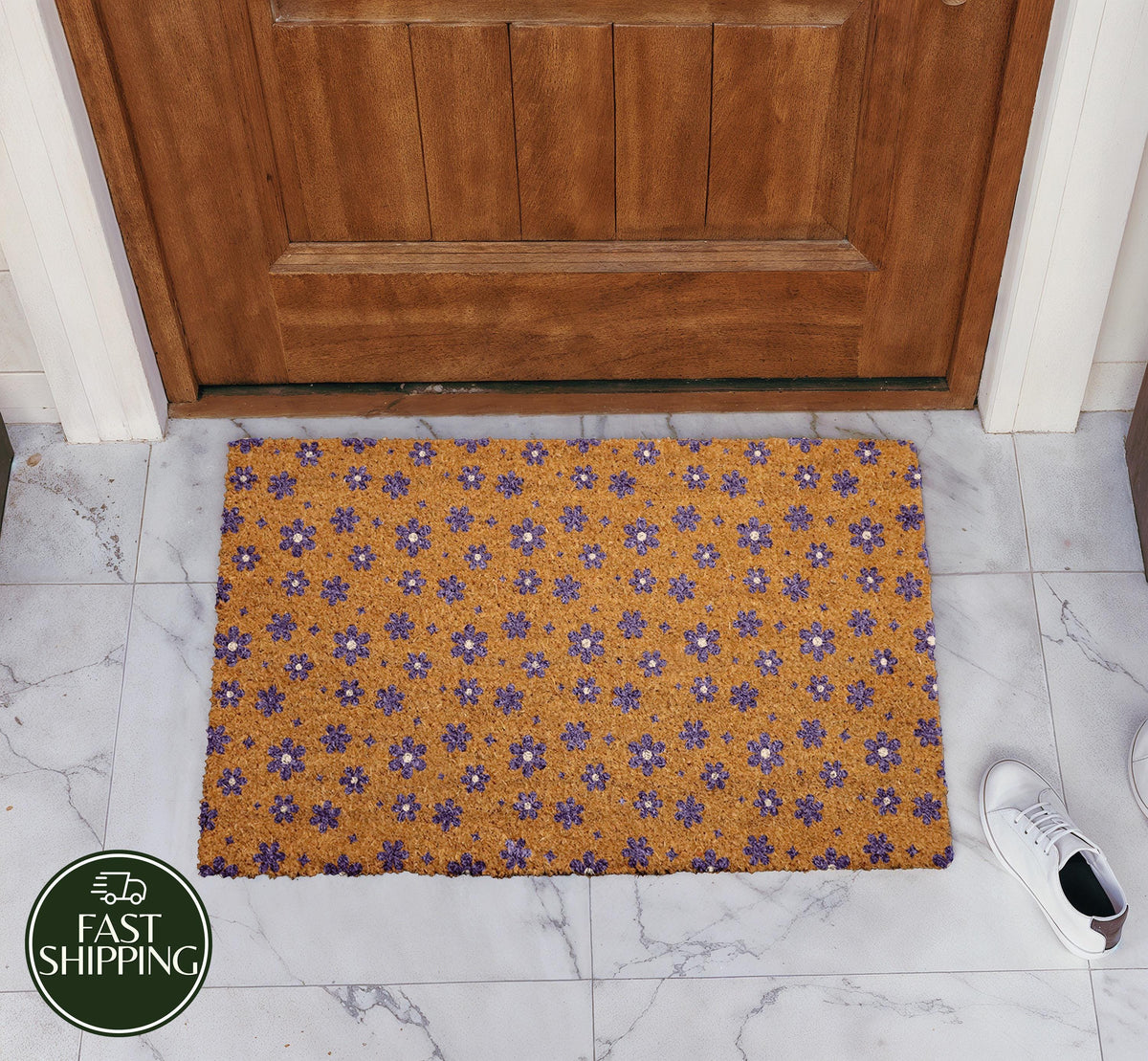 Purple Floral Pattern Welcome Mat, Aesthetic Ditsy Flower Design Doormat