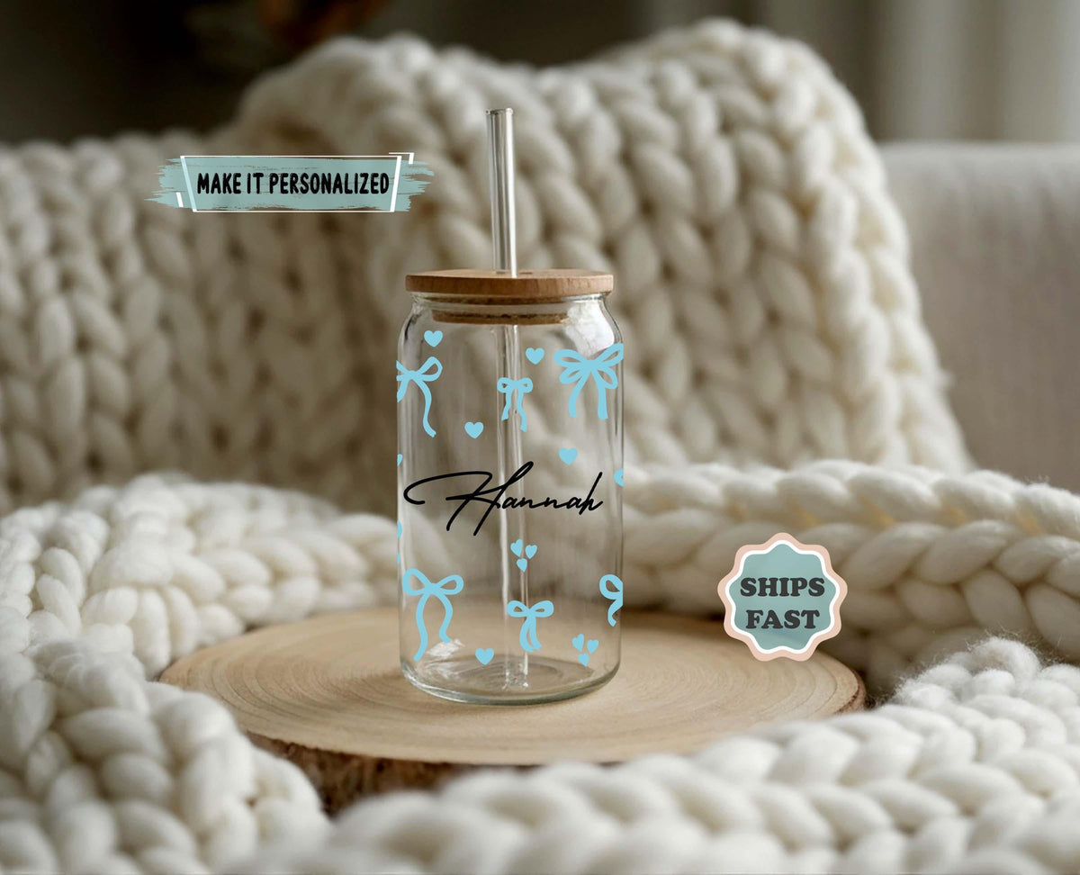 Personalized Coquette Bow Glass Tumbler, Custom Name Iced Coffee Cup