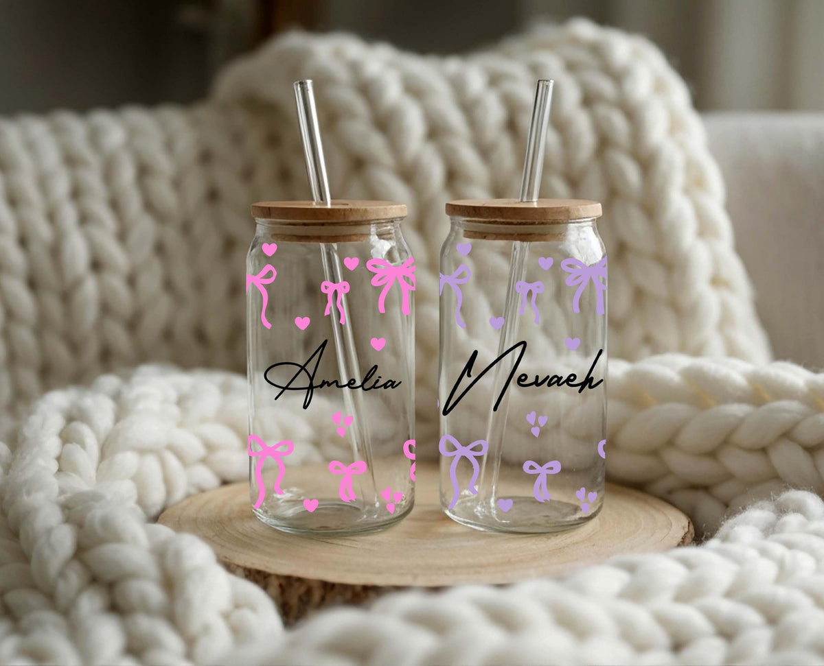 Personalized Coquette Bow Glass Tumbler, Custom Name Iced Coffee Cup