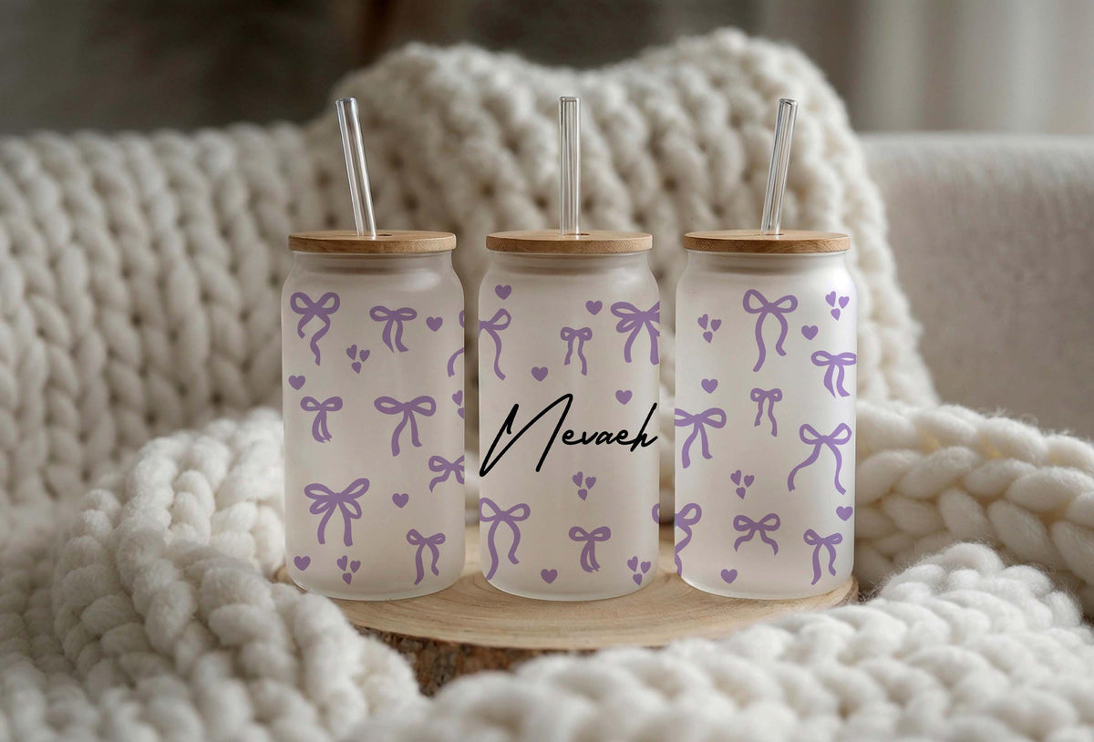Personalized Coquette Bow Glass Tumbler, Custom Name Iced Coffee Cup