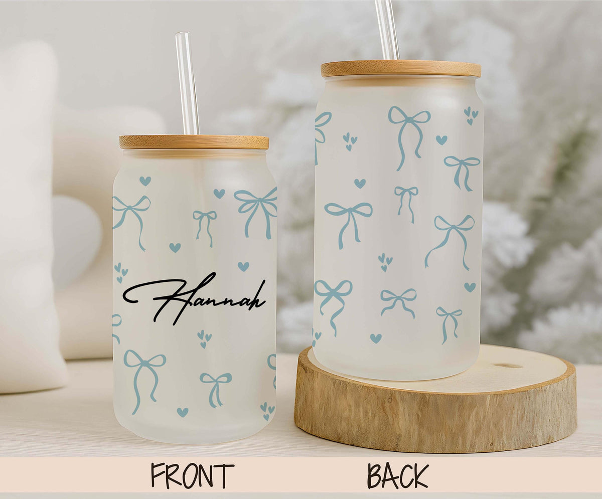 Personalized Coquette Bow Glass Tumbler, Custom Name Iced Coffee Cup