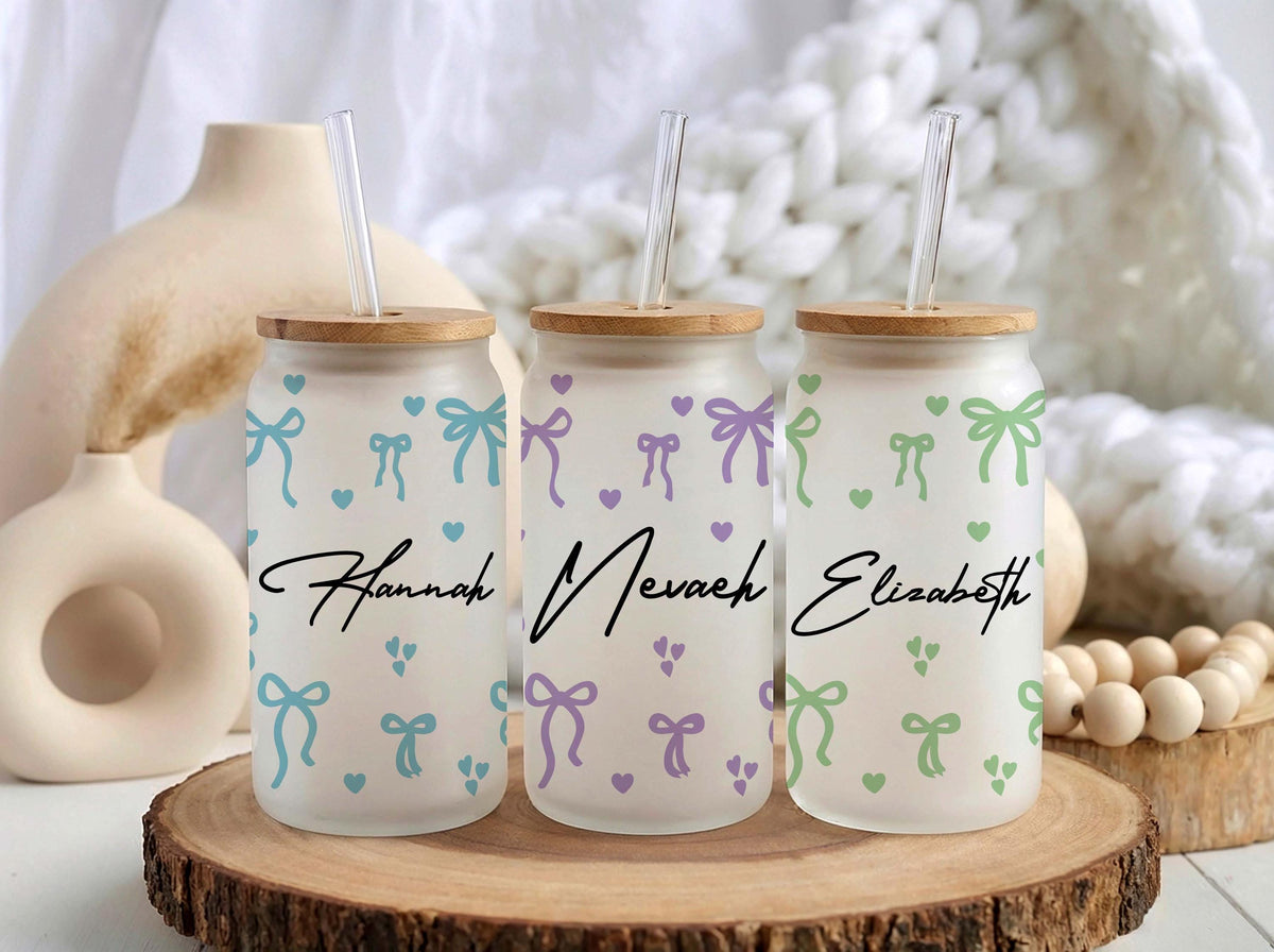 Personalized Coquette Bow Glass Tumbler, Custom Name Iced Coffee Cup