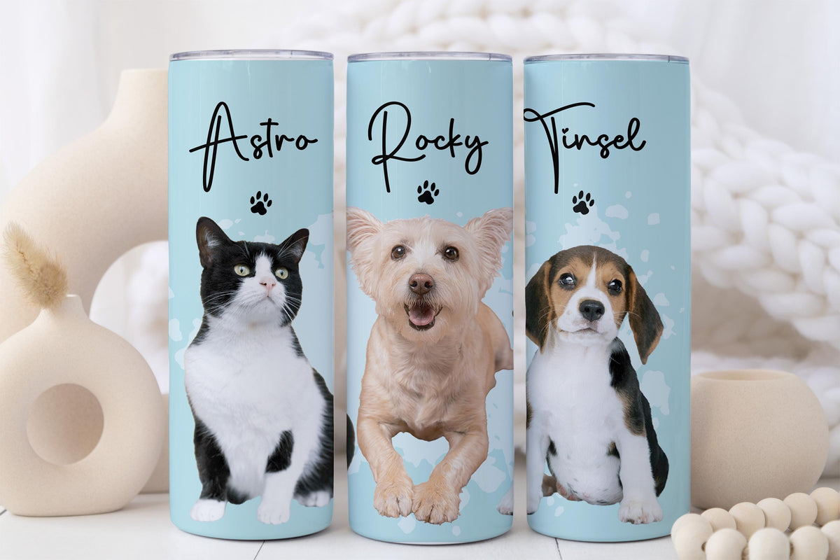 Personalized Dog and Cat Water Bottle, Custom Pet Photo Tumbler, Dog Portrait & Name Travel Cup, Dogs Mom Gift Mug, Pets Lover Drinkware