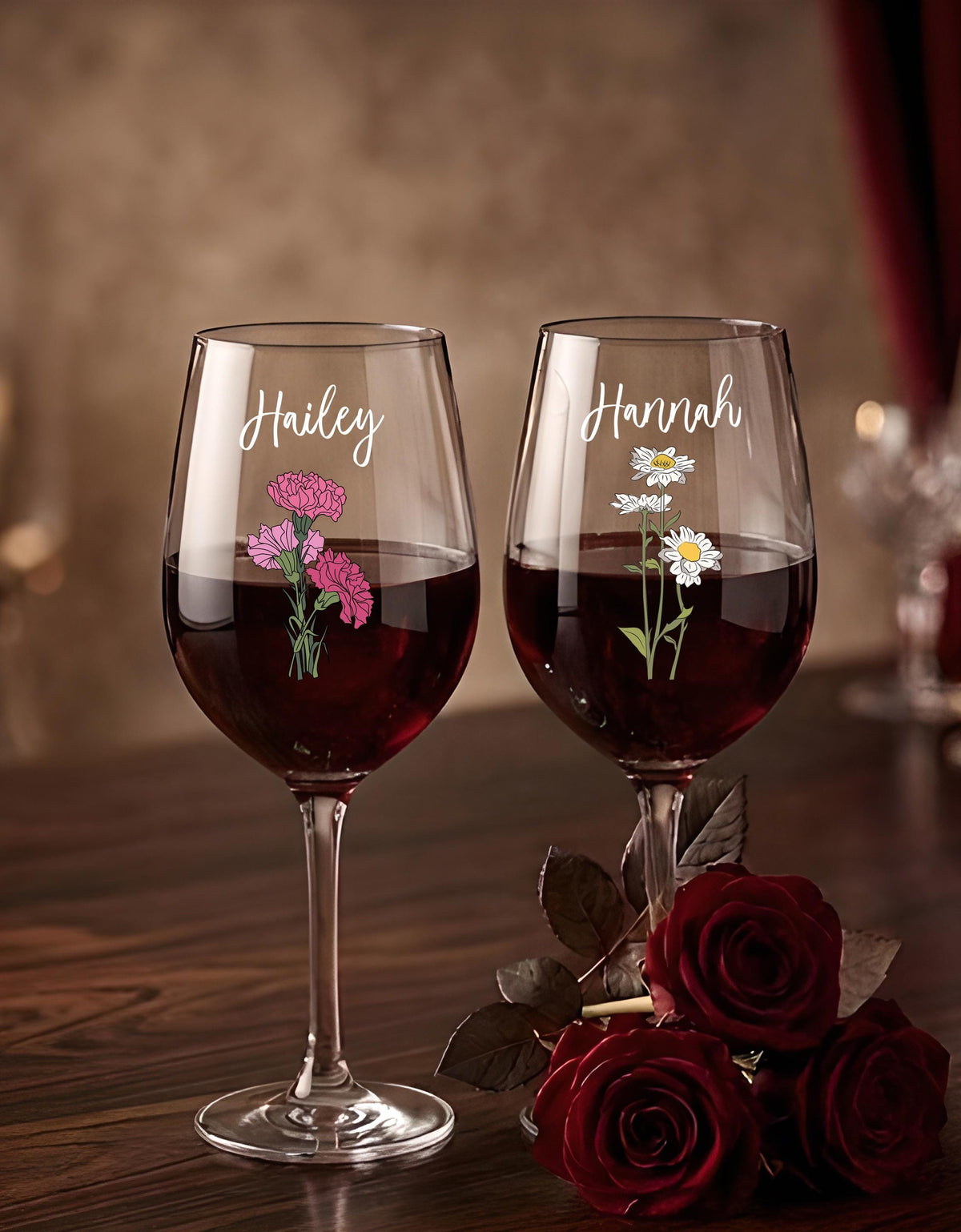 Personalized Birth Flower Glass, Custom Name Stemware, Birth Month Flower Gift for Mom