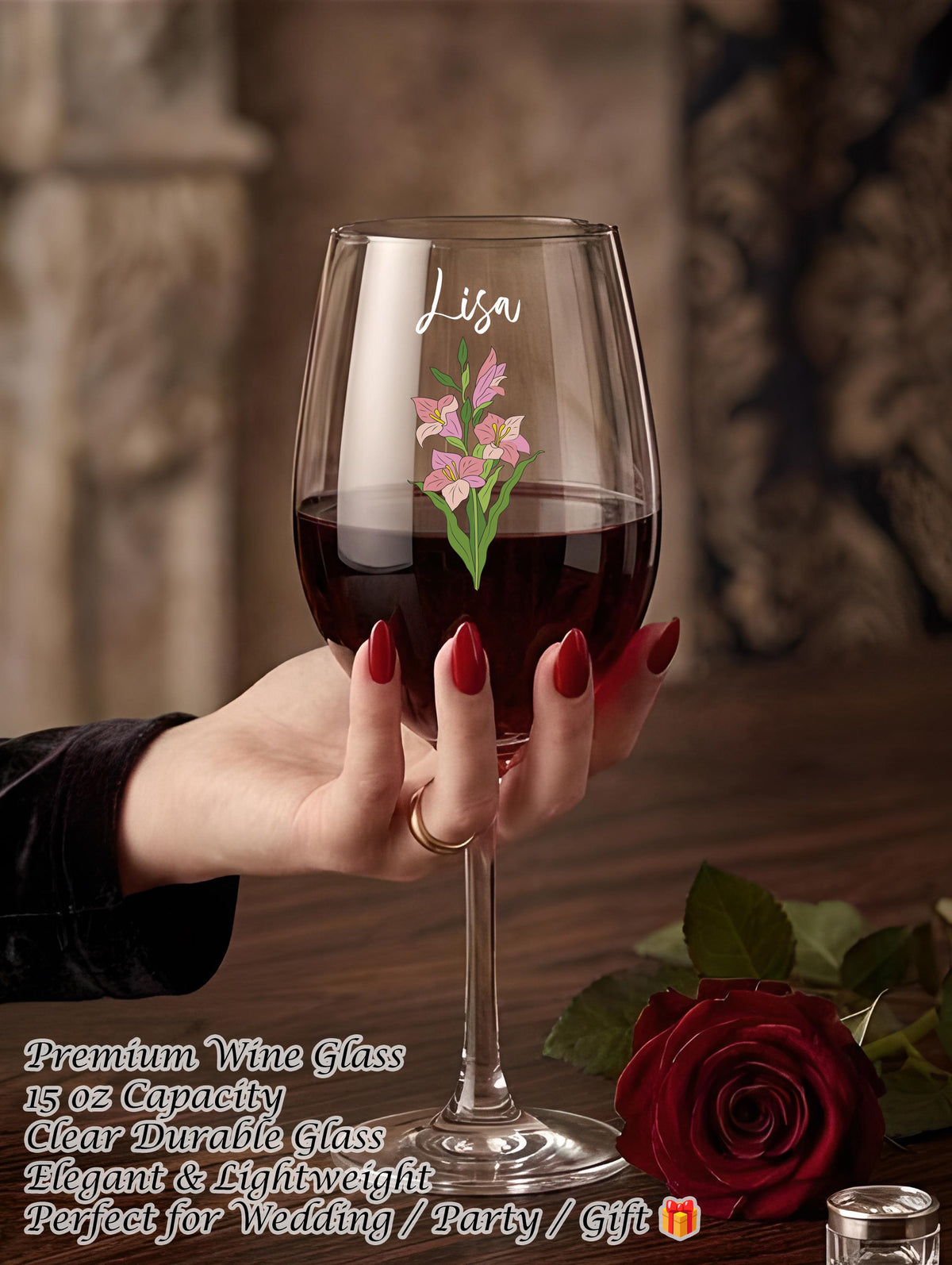Personalized Birth Flower Glass, Custom Name Stemware, Birth Month Flower Gift for Mom