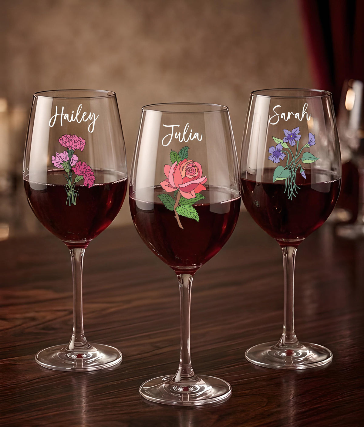 Personalized Birth Flower Glass, Custom Name Stemware, Birth Month Flower Gift for Mom
