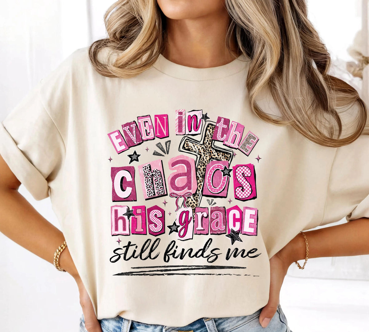 Comfort Colors® Even in the Chaos His Grace Finds Me Shirt, Bible Verse T-shirt, Christian Cross Tee