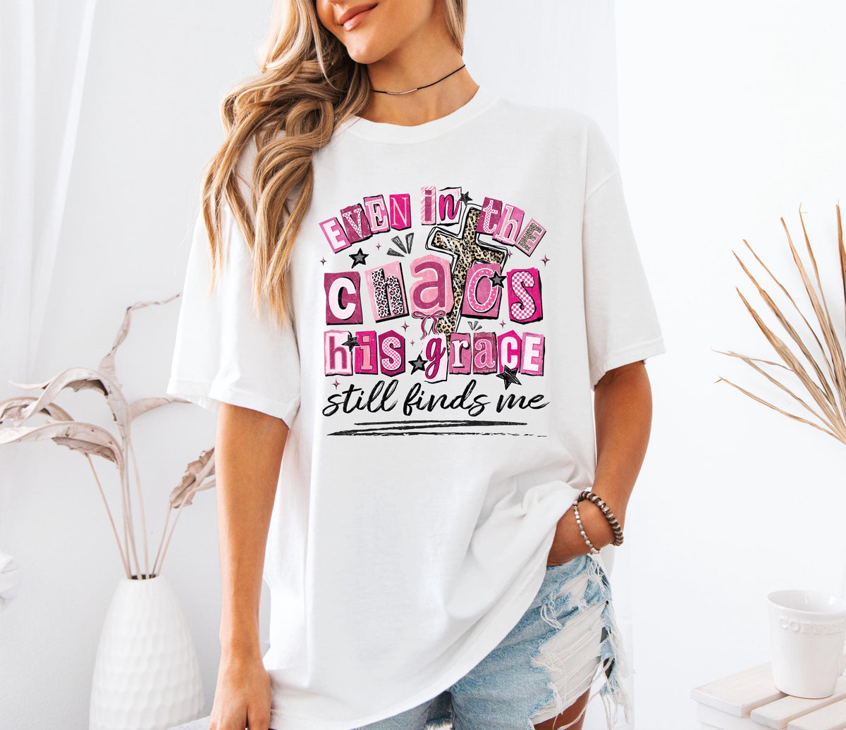 Comfort Colors® Even in the Chaos His Grace Finds Me Shirt, Bible Verse T-shirt, Christian Cross Tee