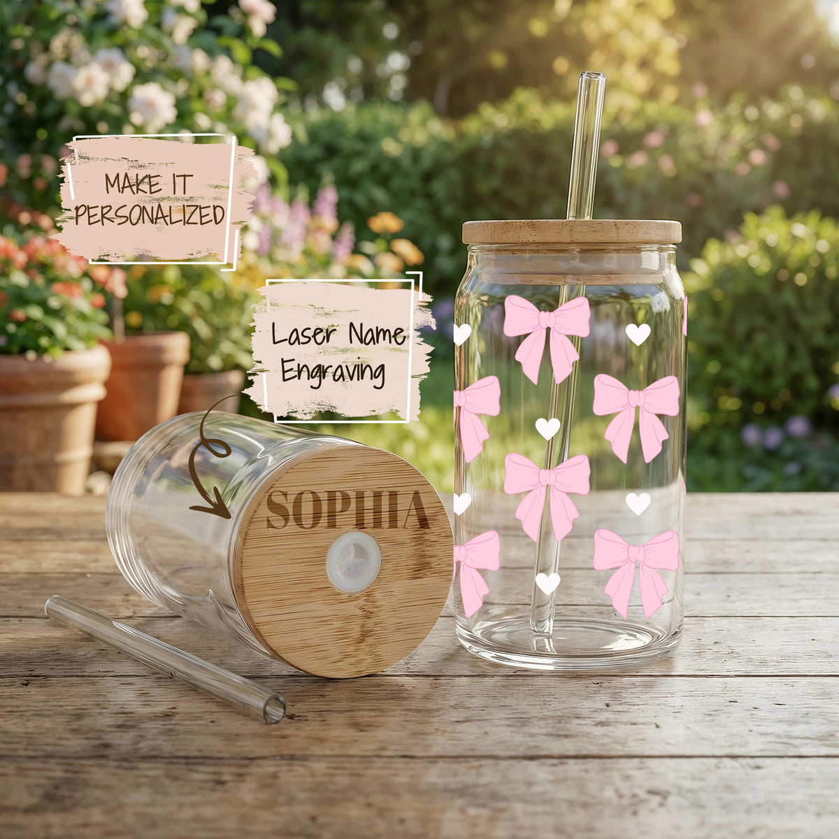 Personalized Pink Bows Glass Tumbler, Coquette Bow Girly Iced Coffee Cup
