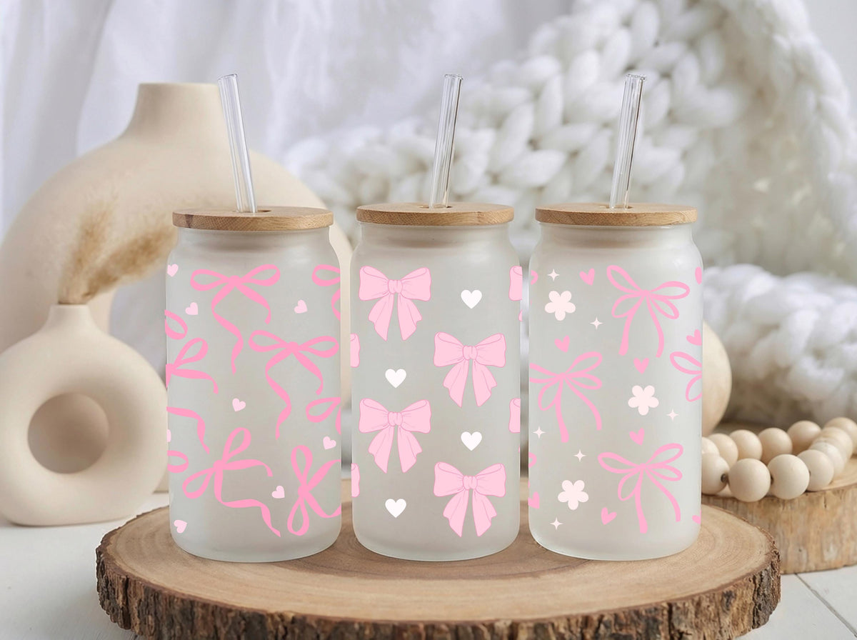Personalized Pink Bows Glass Tumbler, Coquette Bow Girly Iced Coffee Cup