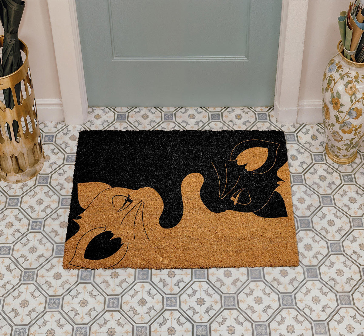 Black White Cat Faces Coir Doormat, Natural Fiber Welcome Mat