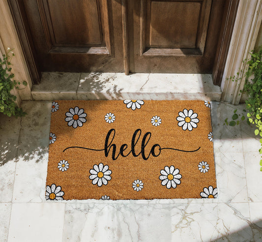 Hello Daisy Coir Doormat, Cheerful Natural Coco Mat, Daisy Flower Welcome Mat