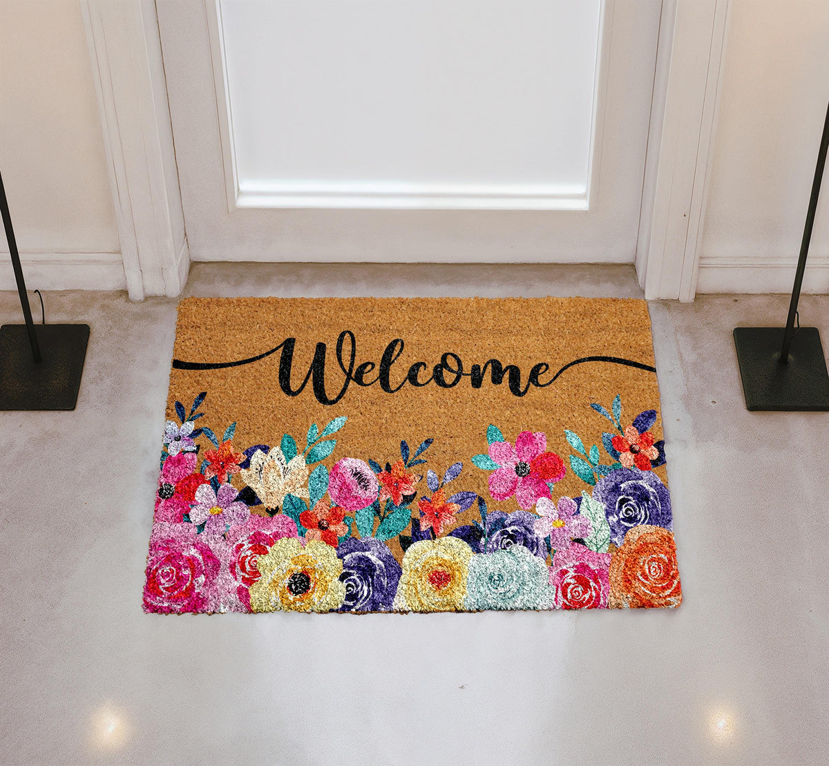 Floral Welcome Doormat, Natural Coir Entryway Mat, Outdoor Decor