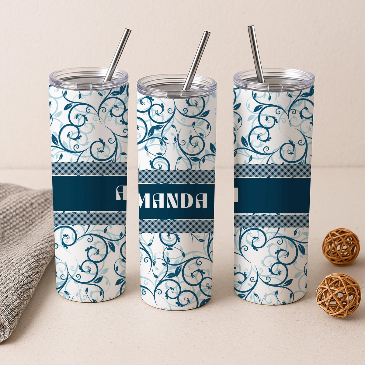 Personalized Floral Tumbler, Custom Name Stainless Steel Travel Mug (20oz)