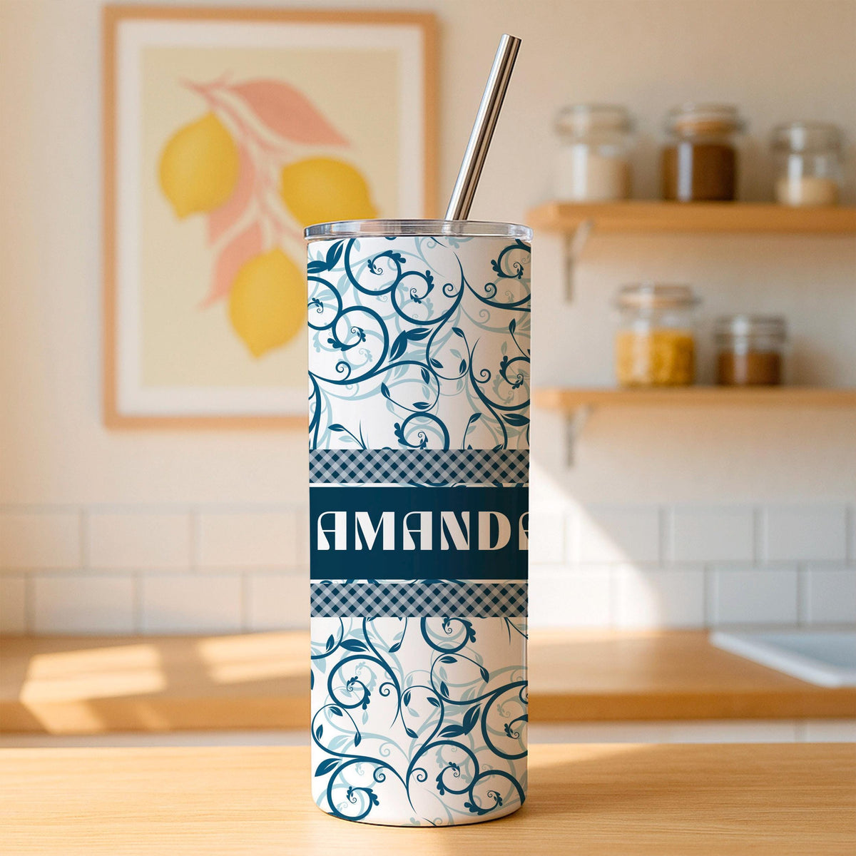 Personalized Floral Tumbler, Custom Name Stainless Steel Travel Mug (20oz)