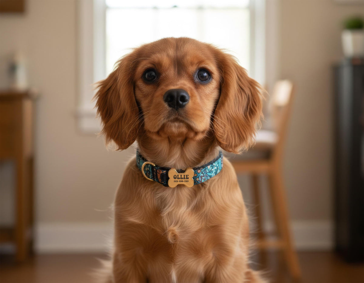 Custom Dog Collar with Engraved Name Plate, Personalized Boho Dog Collar, Leopard Print Pet Collar, Engraved Bone ID Tag Collar