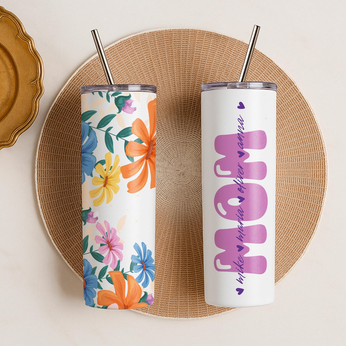 Personalized Mom Tumbler, Custom Kids Names, Floral Stainless Steel Travel Mug (20oz)