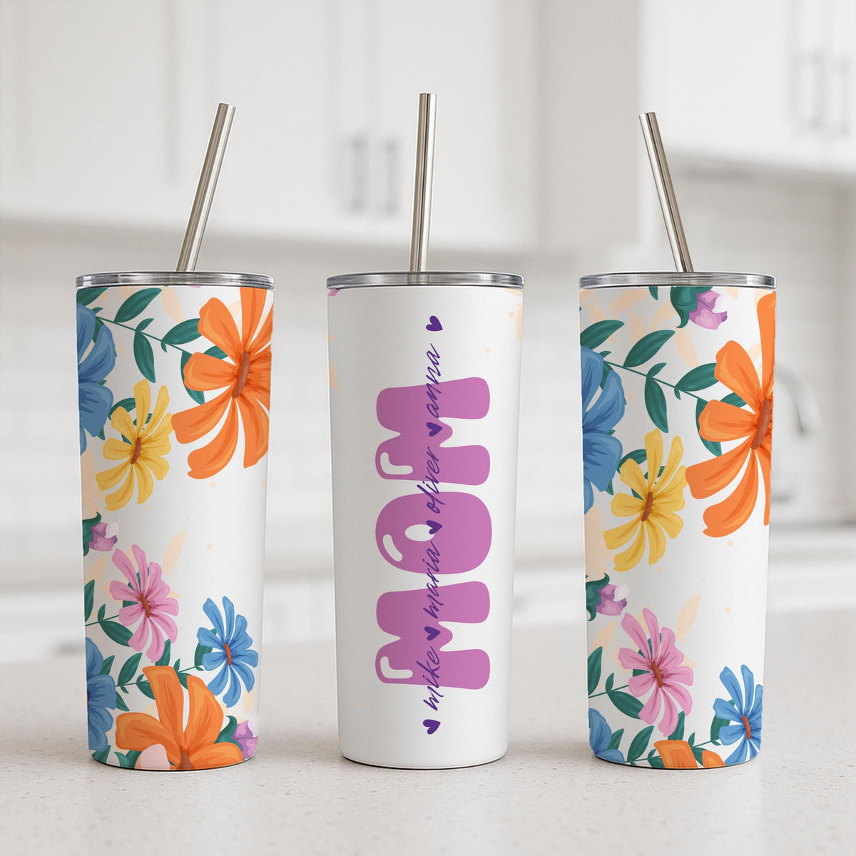 Personalized Mom Tumbler, Custom Kids Names, Floral Stainless Steel Travel Mug (20oz)