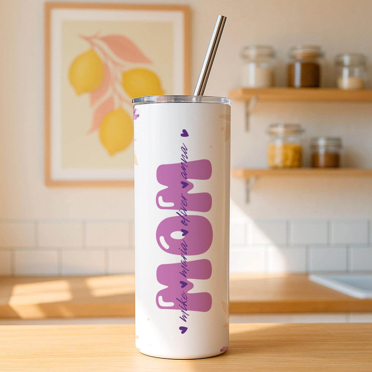 Personalized Mom Tumbler, Custom Kids Names, Floral Stainless Steel Travel Mug (20oz)