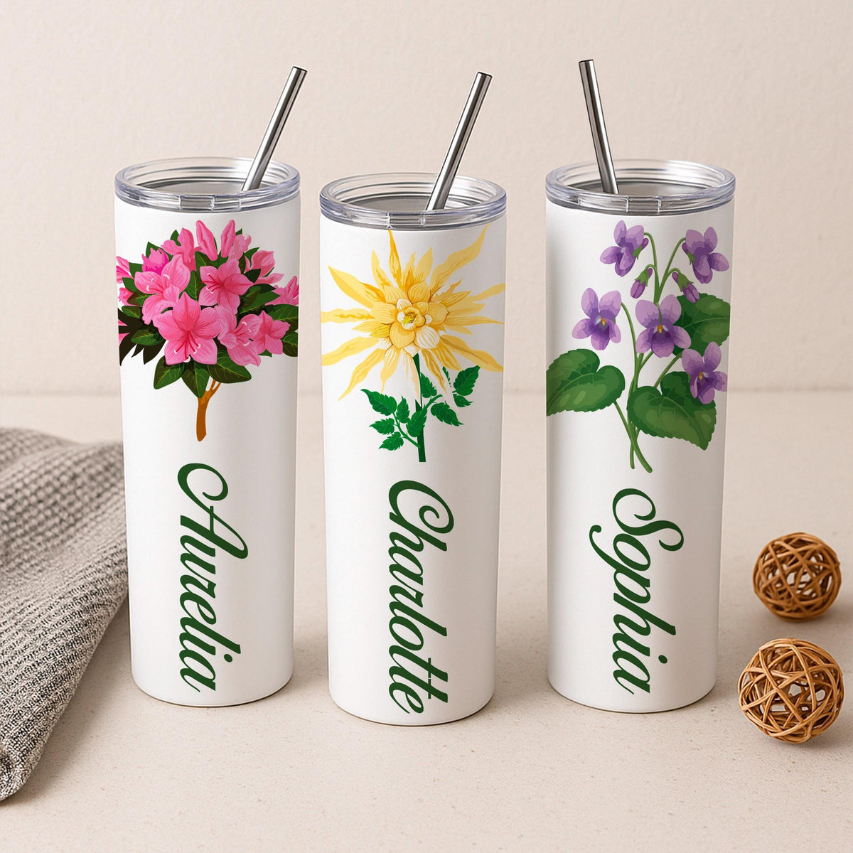 Custom Birth Flower Name Tumbler, Personalized Stainless Steel Travel Mug