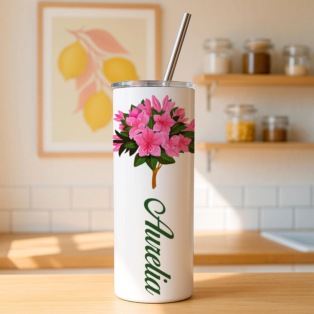 Custom Birth Flower Name Tumbler, Personalized Stainless Steel Travel Mug