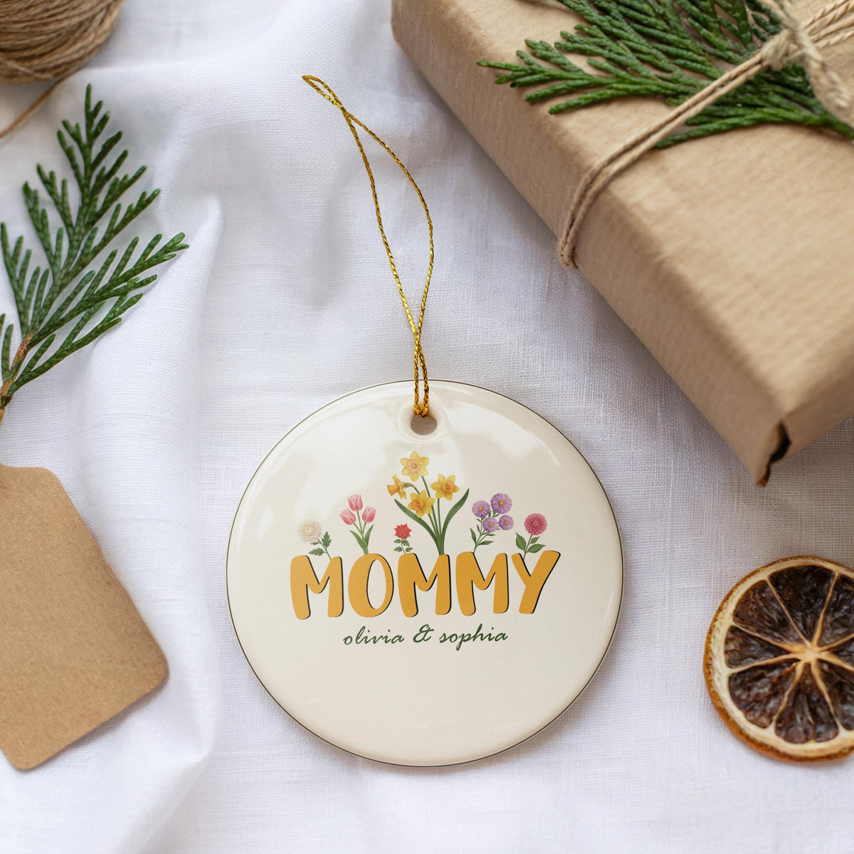 Personalized Wildflower Design Mommy Ornament, Mother's Day Ornament, Mommy Christmas Keepsake