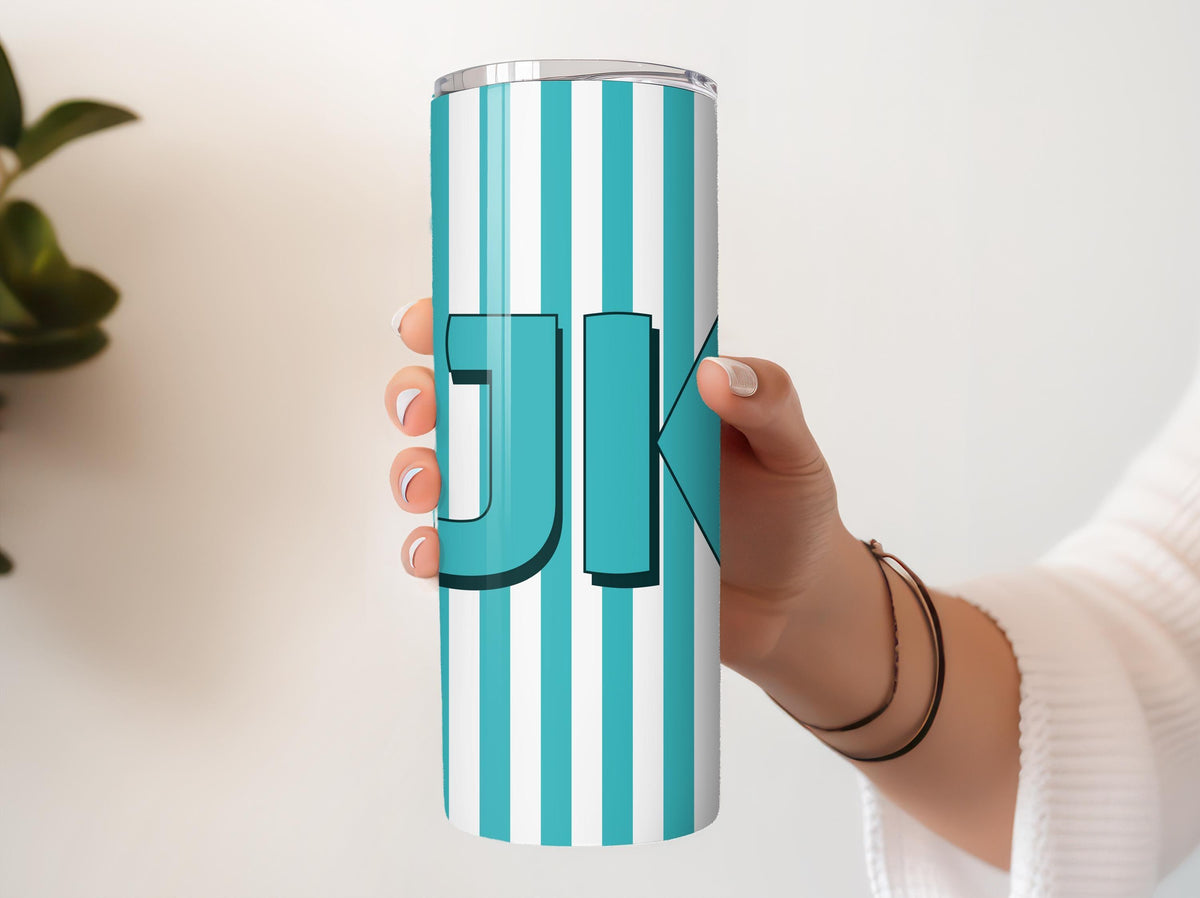 Personalized Monogram Tumbler With Straw, Custom Initials Striped Coffee Tumbler