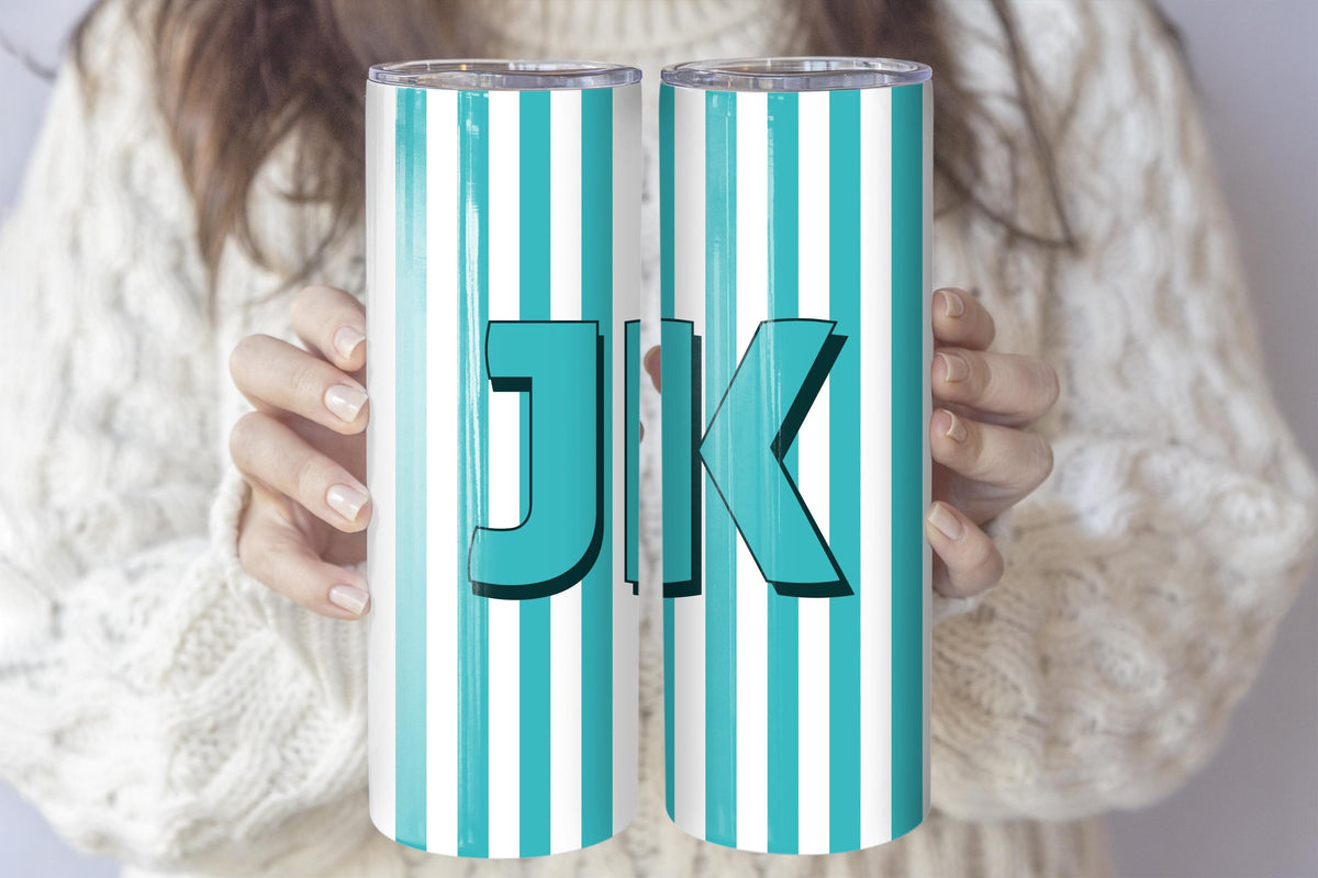 Personalized Monogram Tumbler With Straw, Custom Initials Striped Coffee Tumbler