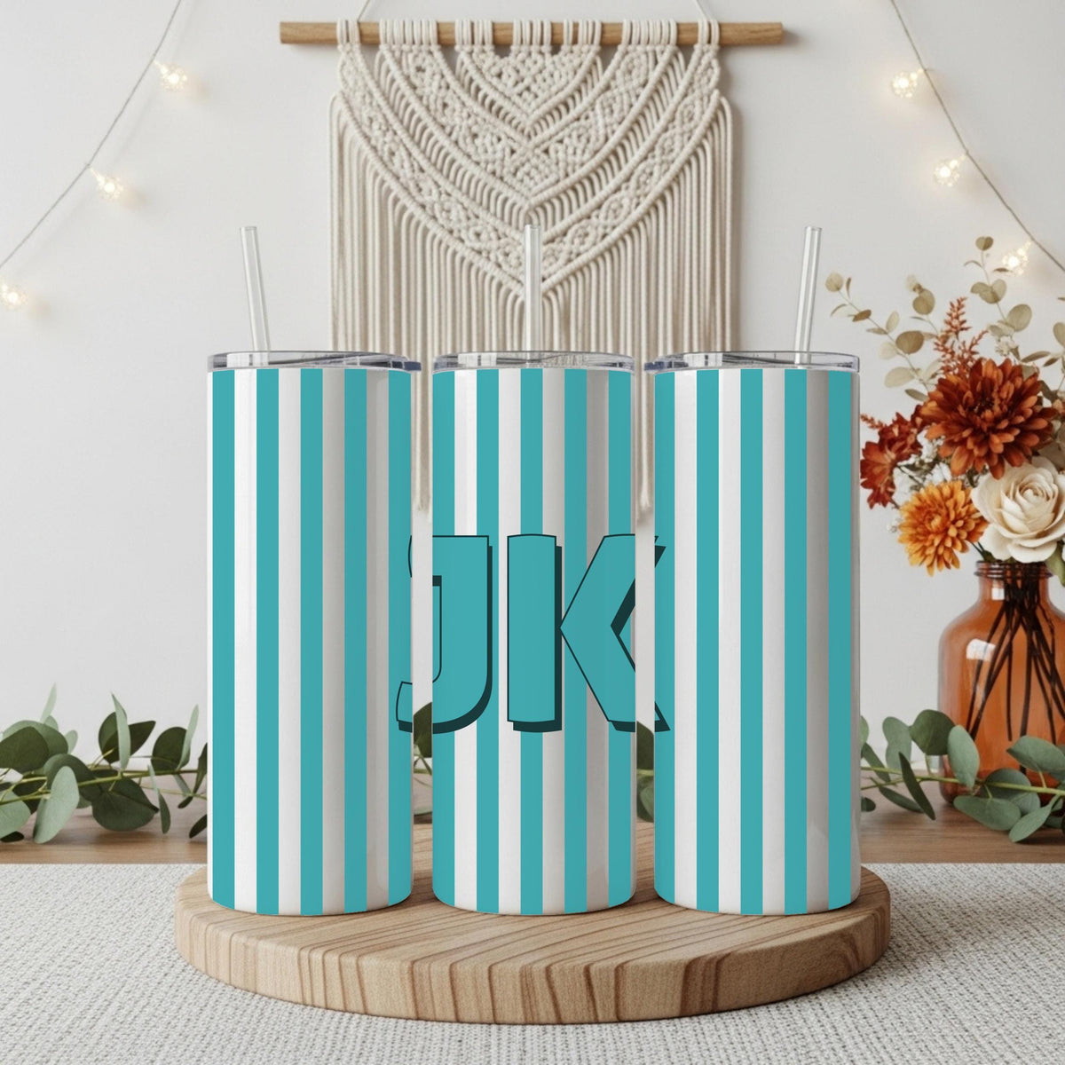 Personalized Monogram Tumbler With Straw, Custom Initials Striped Coffee Tumbler