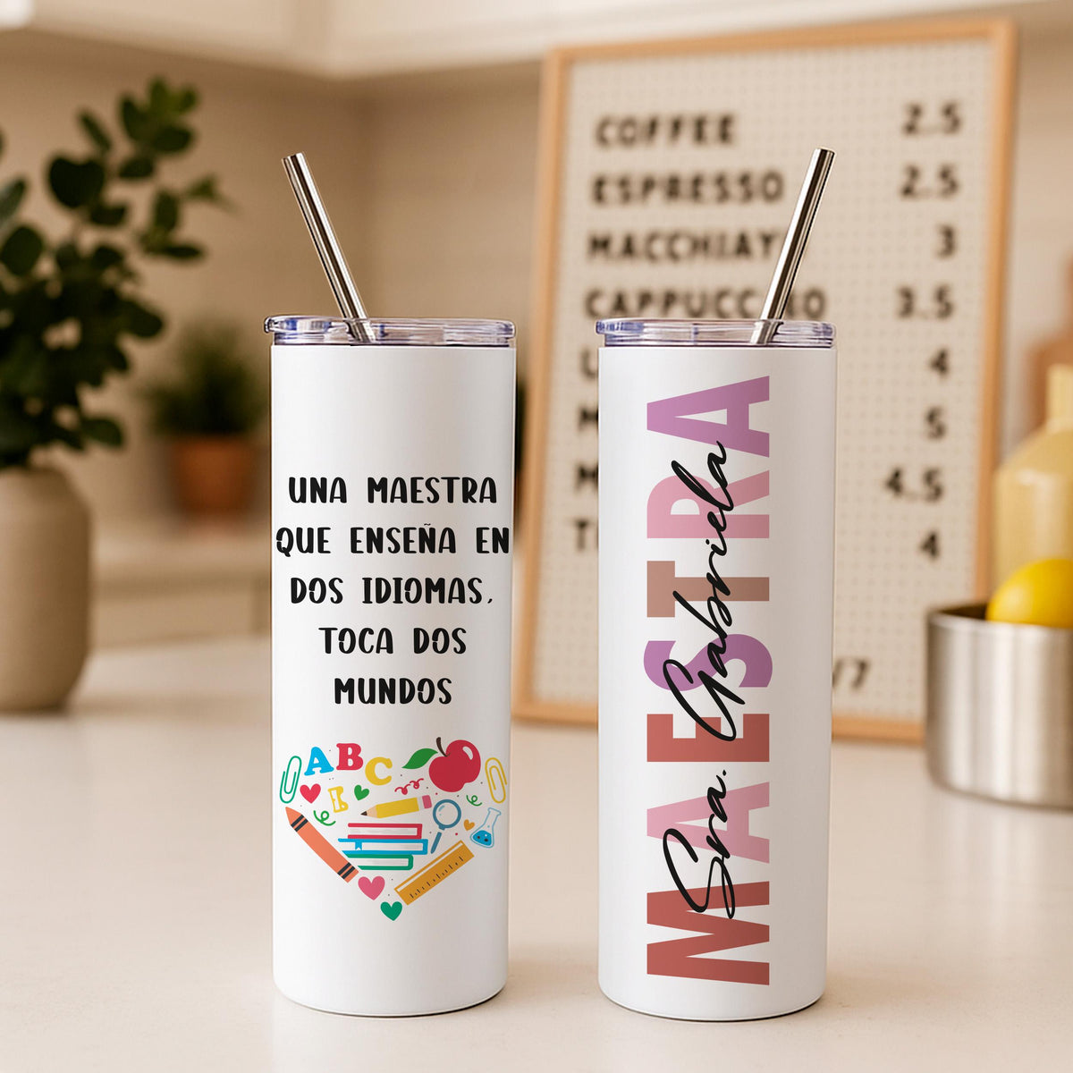 Custom Name Maestra Tumbler, Personalized Spanish Bilingual Teacher Coffee Cup