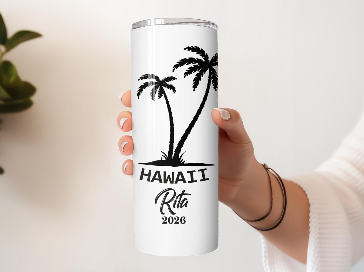 Personalized Palm Tree Tumbler With Straw, Tropical Vacation Insulated Cup, Beach Lovers Gift