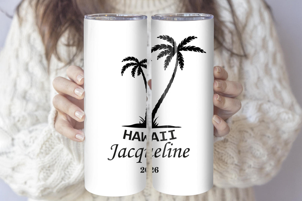Personalized Palm Tree Tumbler With Straw, Tropical Vacation Insulated Cup, Beach Lovers Gift